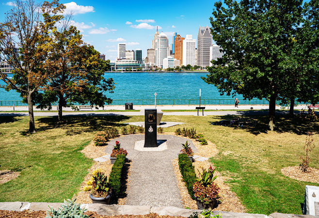Dieppe Gardens Park, named for WWII, features monuments, a waterfall, a fish pond, a decorative garden, fishing, and a multi-use trail.