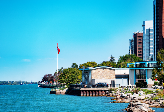 The Riverfront trail is 5.17 km long , a bike lane and multi-use trail, with scenic views, Windsor Sculpture Park, and Dieppe Gardens.