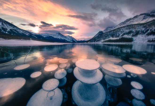 Surface of winter ice on Spray Lake in Alberta Surface of winter ice on Spray Lake in Alberta